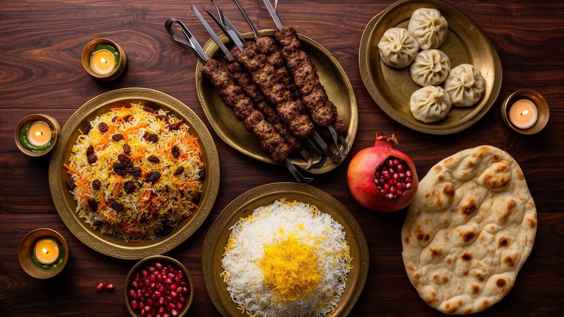 Traditional Afghan feast with Kabuli pulao, kebabs, mantu, naan and pomegranate on a wooden table